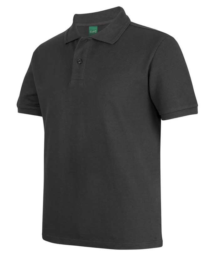 A black cotton polo shirt with a collar, short sleeves, and a button placket, featuring a logo.