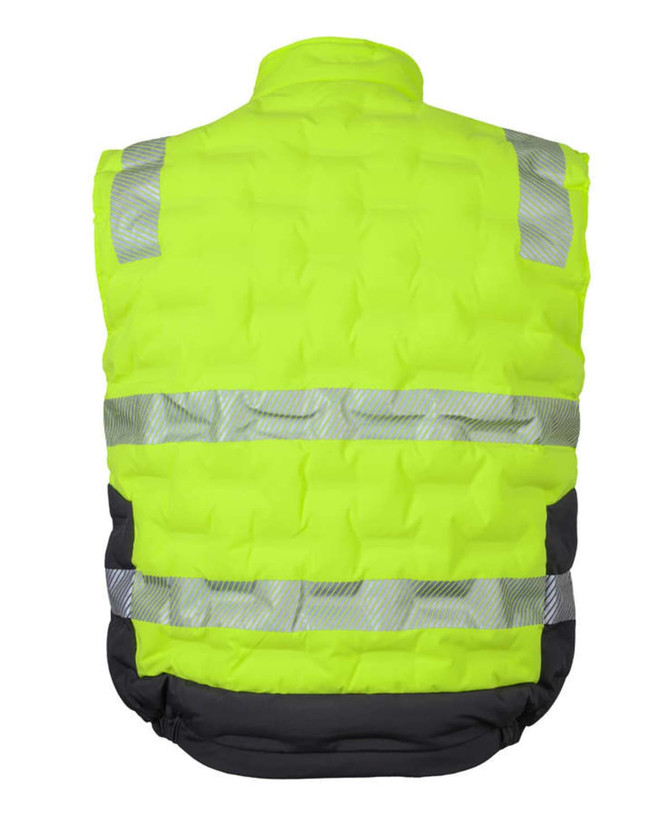 A high-visibility puffer vest in fluorescent yellow with reflective strips and black detailing. Features a logo.