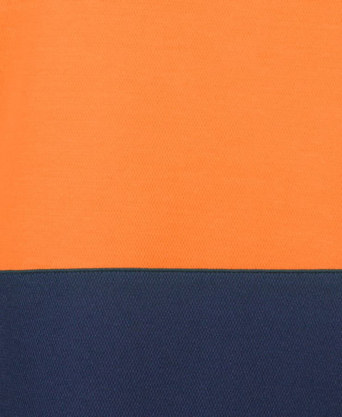 A two-tone polo shirt featuring an orange top and a dark navy bottom, with a branded logo present.