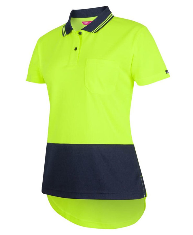 A bright yellow and navy drop-tail polo shirt featuring a pocket and a logo. Ideal for workwear.