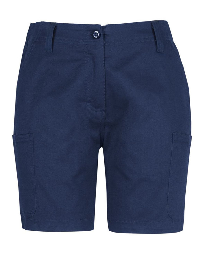 Navy multicoloured cargo shorts with multiple pockets and a button closure, featuring a logo.