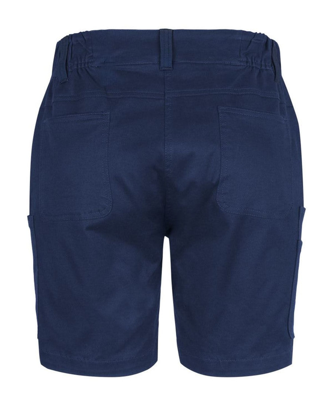 A pair of navy blue cargo shorts featuring multiple pockets and an elastic waistband.