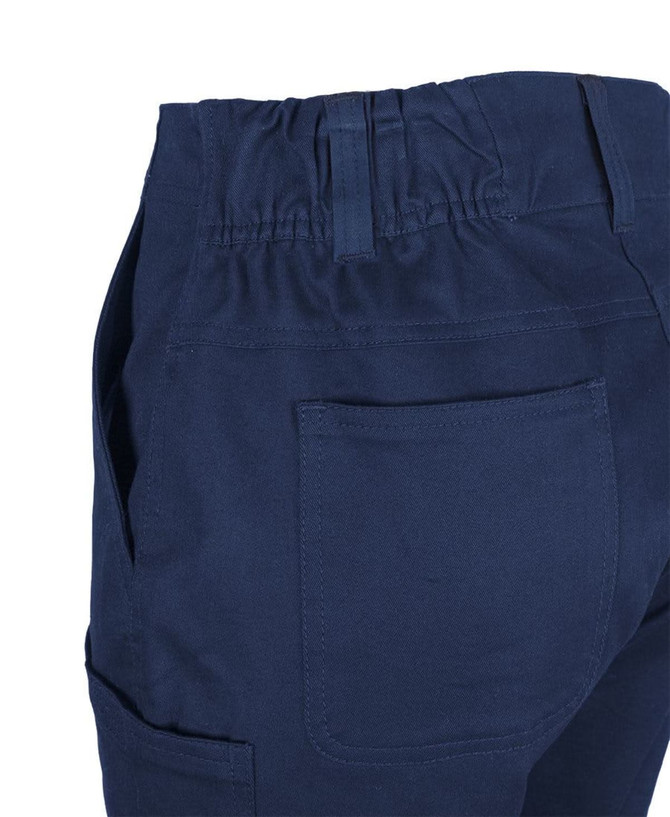 A navy blue multi-pocket stretch twill short with an elastic waistband and a back pocket. Features branding.