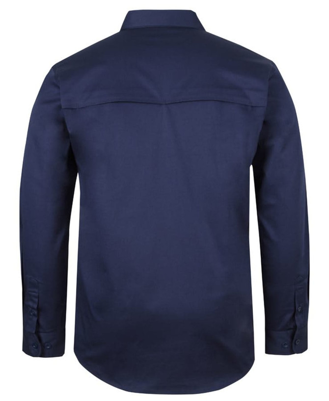 A back view of a navy long-sleeve work shirt featuring a button-up design and a logo.