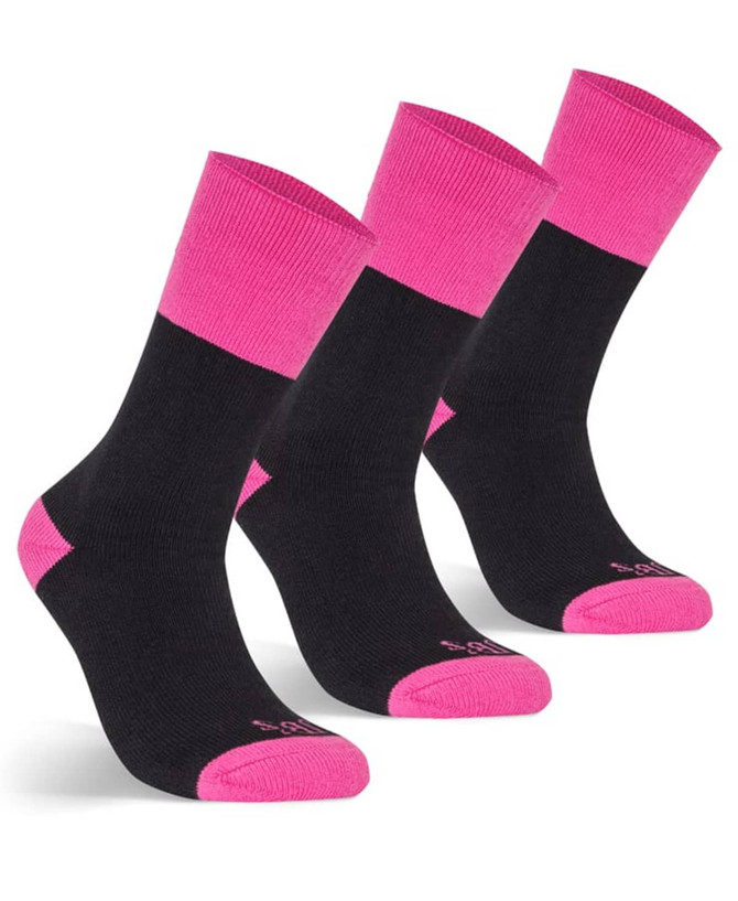 Three pairs of black work socks with pink tops are displayed together. Each sock features a branding logo.
