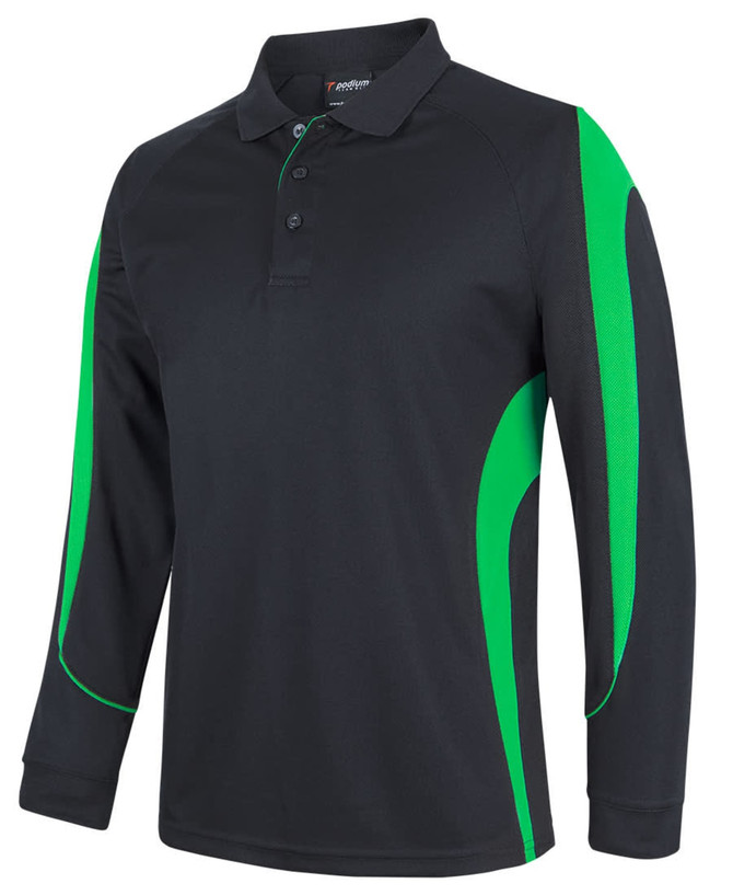 A black long-sleeve polo shirt featuring green accents and a branded logo on the side.