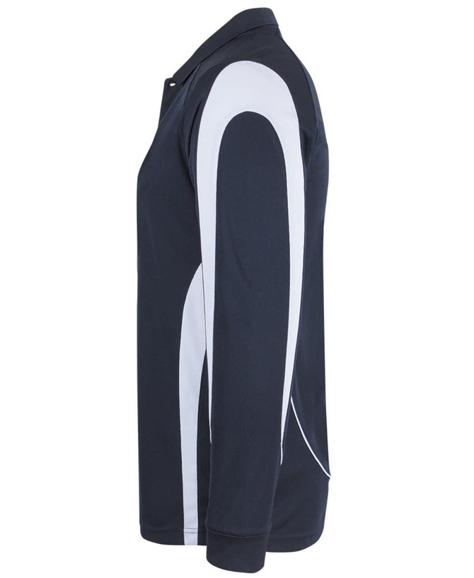 A long sleeve polo shirt in navy with white detailing and a logo on the chest area.