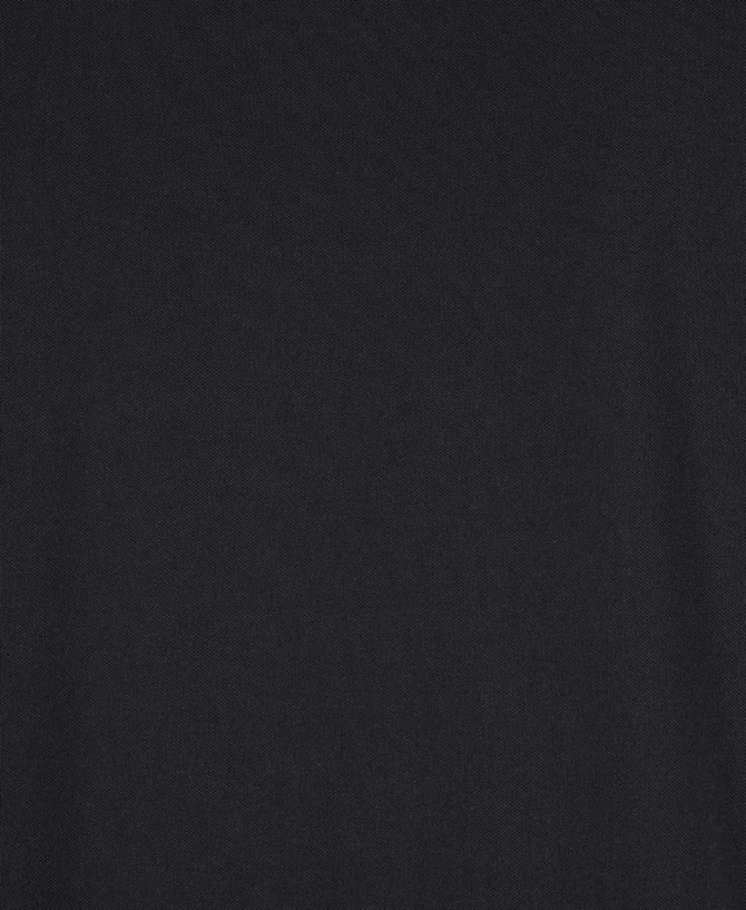 A black polo shirt made from recycled polyester, featuring a pocket and a logo.