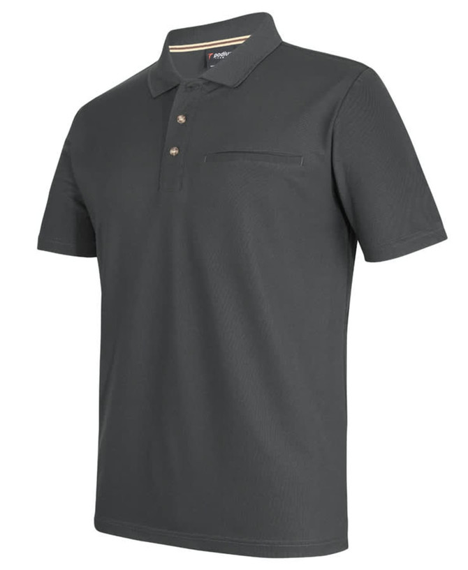 A dark grey polo shirt made from recycled polyester, featuring a pocket and a logo on the chest.