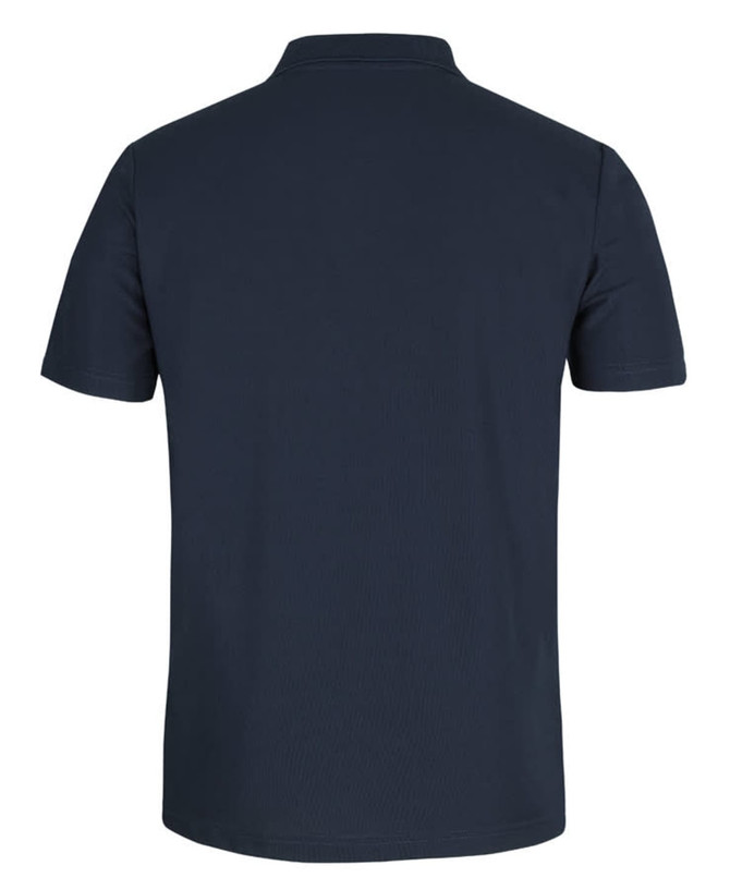 A navy polo shirt made from recycled polyester with a logo on the back. Short sleeves and a classic collar design.