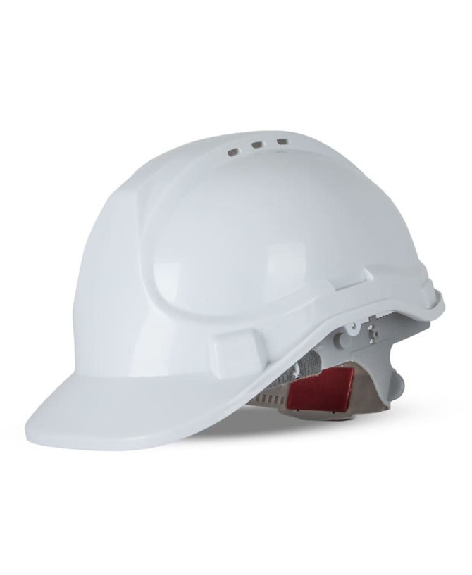 A white safety helmet featuring a rim and adjustable inner straps, designed for protective use.