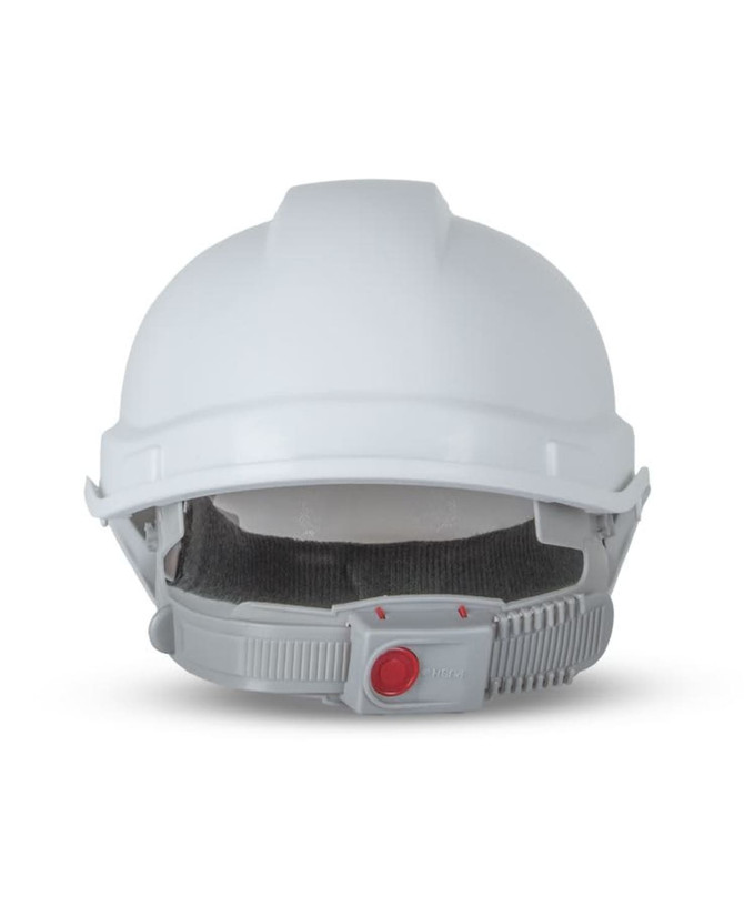 A white safety helmet with an adjustable strap and a logo on the side.