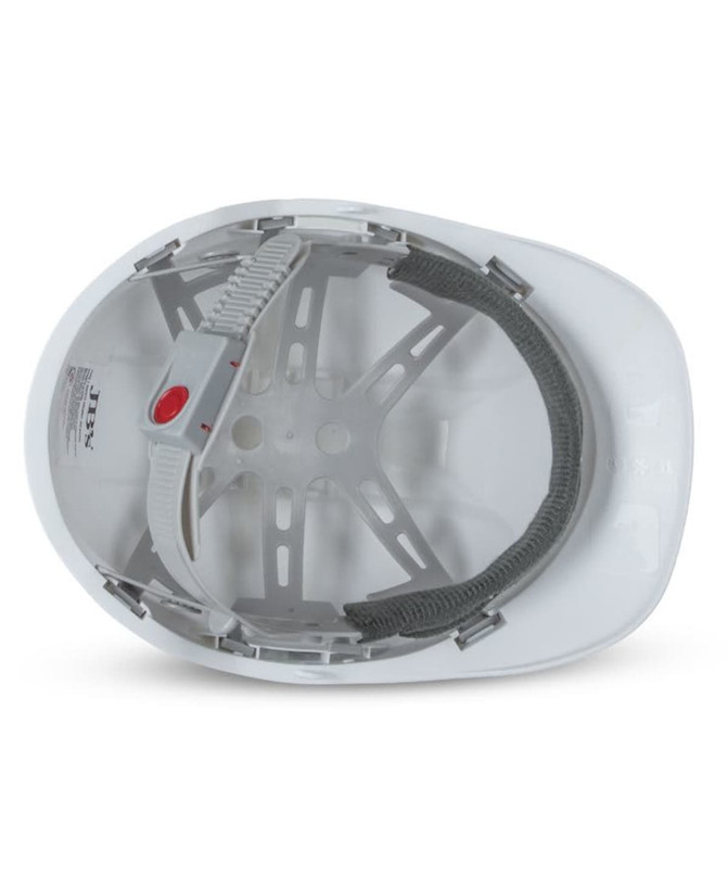 A white safety helmet featuring a grey inner lining and adjustable straps, inside view displayed.