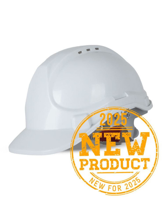 A white safety helmet featuring ventilation slots and a branded logo. Suitable for protective wear.
