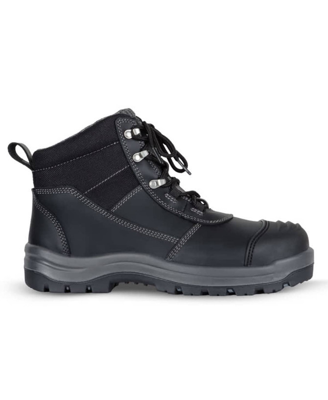 A black safety boot featuring a high-top design, lace-up front, and rugged sole, with a logo on the side.