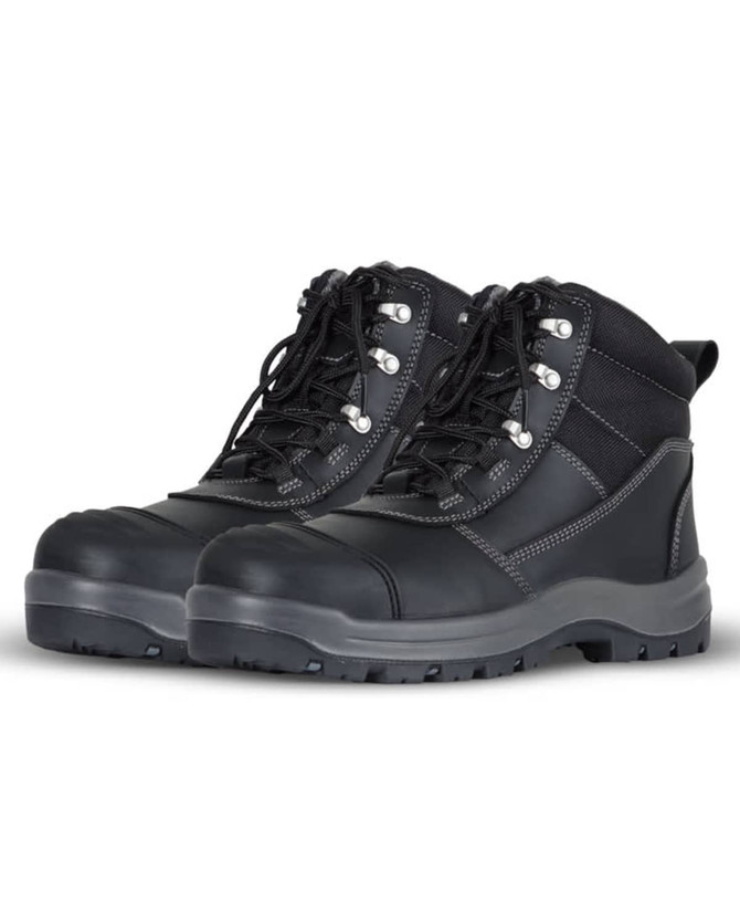 A pair of black safety boots with sturdy soles, laces, and reinforced features, featuring a logo on the side.