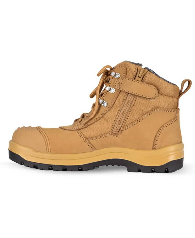 A tan zip safety boot with laces, a sturdy sole, and a logo on the side.