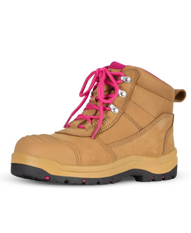 Wheat and pink safety boot featuring a sturdy design, laces, and a durable sole. Includes logo on the side.