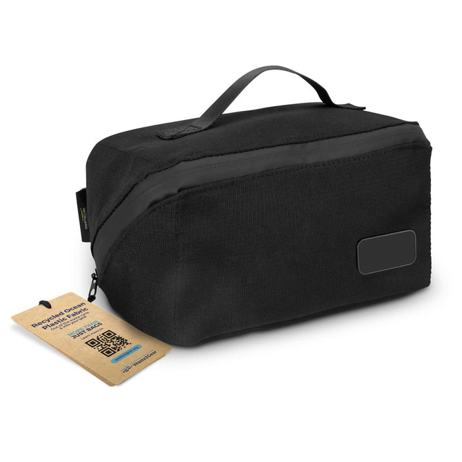 A black toiletry bag with a handle and a tag, featuring a sleek design and branding.