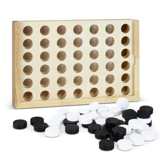 A wooden four-in-a-row game set featuring a light wood frame, with black and white game discs scattered nearby.