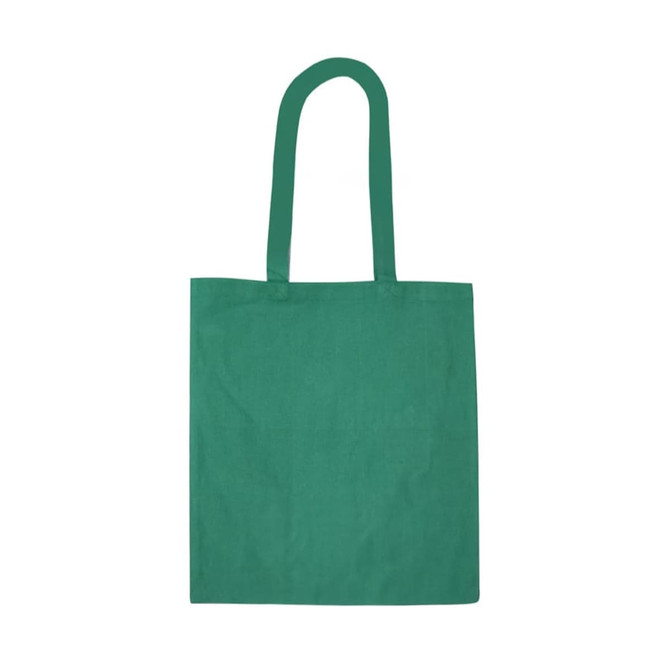 A green recycled cotton tote bag with two handles and a plain design. It has a branding logo on the front.
