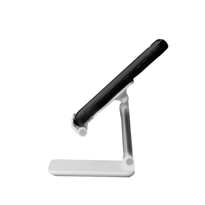 A folding desktop mobile phone and tablet stand in white and grey, featuring a sleek, adjustable design for various devices.