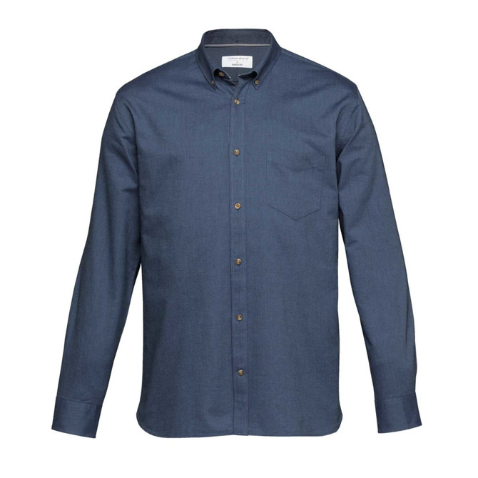 A button-up shirt in a dark blue hue with a chest pocket and a logo on the collar.