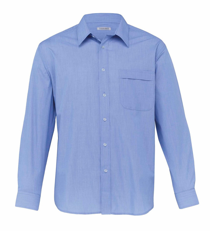 A blue button-up shirt with long sleeves and a single chest pocket, featuring a logo on the label.