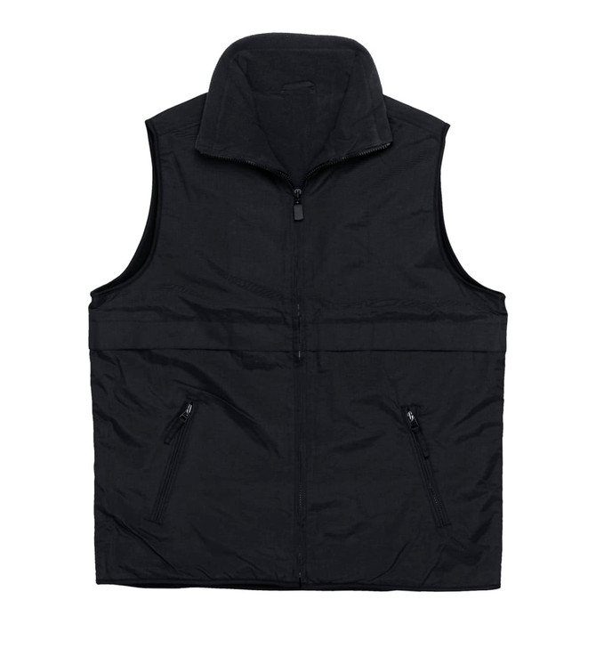 A black nylon vest featuring a zip front and two side pockets, with a high collar and a simple design.