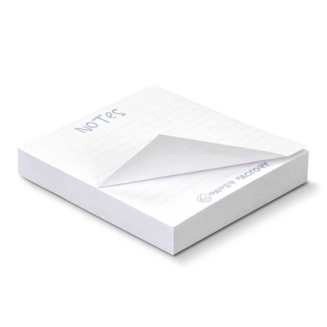 A white sticky notepad with a sheet slightly lifted, featuring lined pages and a logo on the corner.