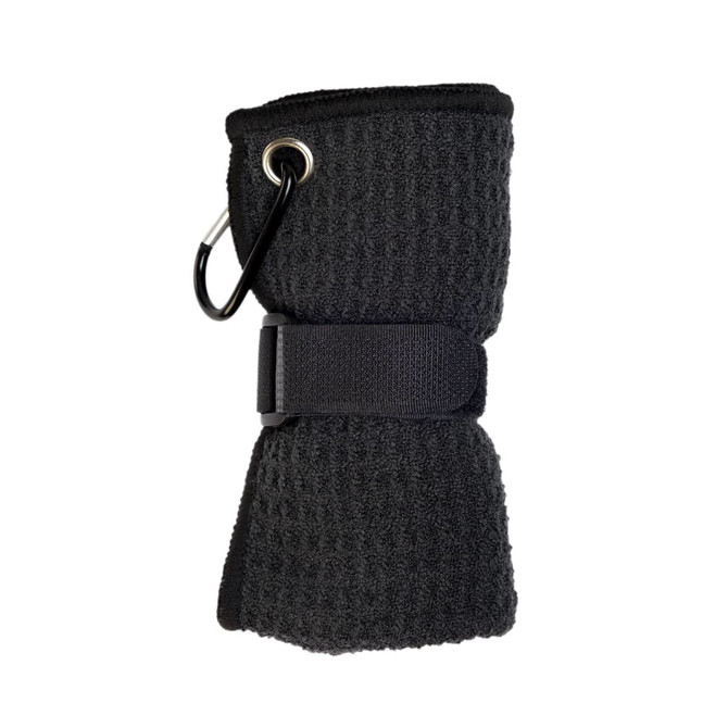 A black travel towel with a loop and strap for easy attachment, featuring a carabiner and textured fabric.
