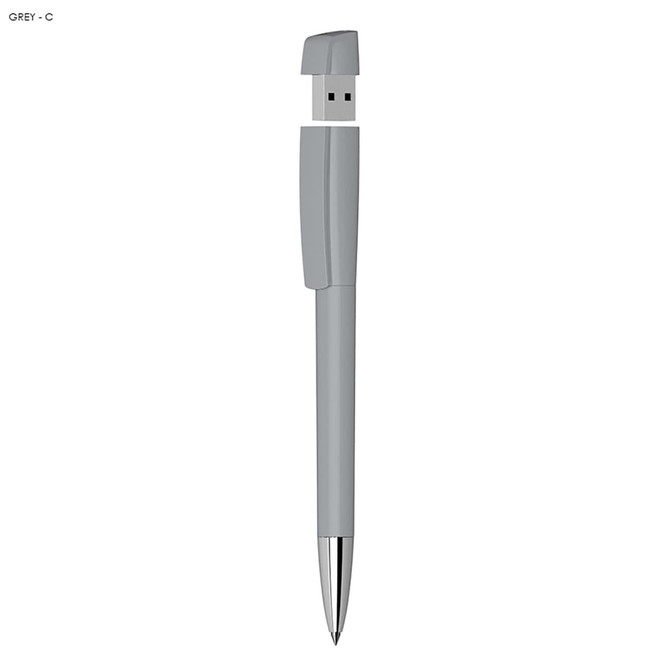 A grey USB pen with a metal tip, featuring a branding logo, combines a writing instrument and a 16GB flash drive.