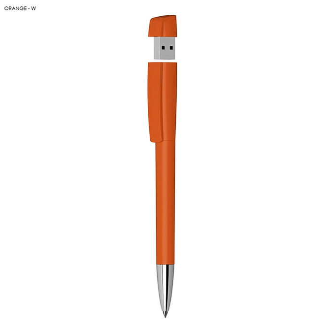 An orange USB pen with a metal tip, featuring a USB connector and a clip design.