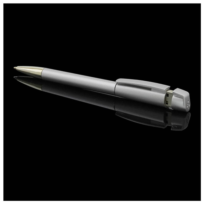 A metallic silver USB pen with a sleek design, featuring a gold tip and a small logo on the side.