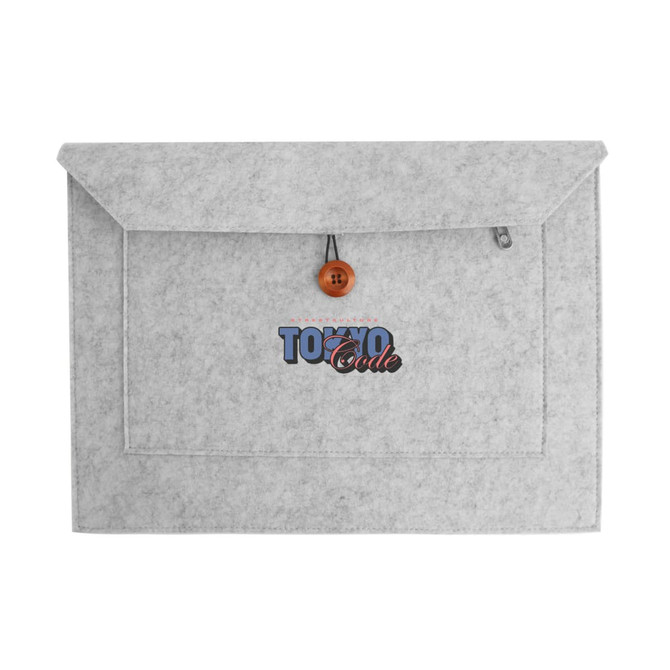 A grey felt laptop bag featuring a button closure and a front pocket with a logo.