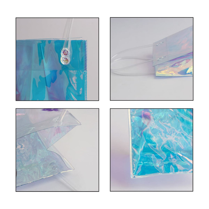A transparent, iridescent PVC bag with blue tones and handles, featuring a zip opening and a logo.