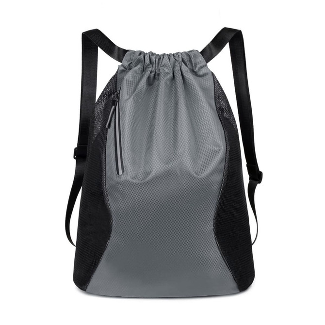 A grey and black sports drawstring backpack with mesh sides and a zippered pocket. It has adjustable straps.