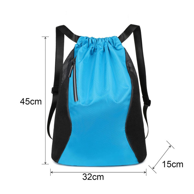 A blue sports drawstring backpack with black accents and adjustable straps, featuring a side zip pocket.