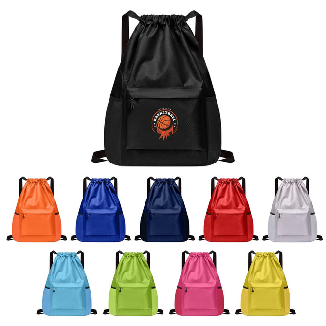 A multi-pocket drawstring backpack available in black, blue, navy, red, pink, green, yellow, and white, featuring a logo.