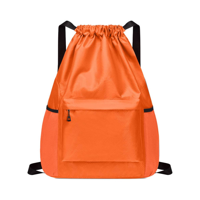 An orange multi-pocket drawstring backpack featuring a front zip pocket and adjustable black straps.