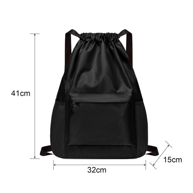 A black multi-pocket drawstring backpack with adjustable straps and a front zip pocket, measuring 41cm by 32cm.