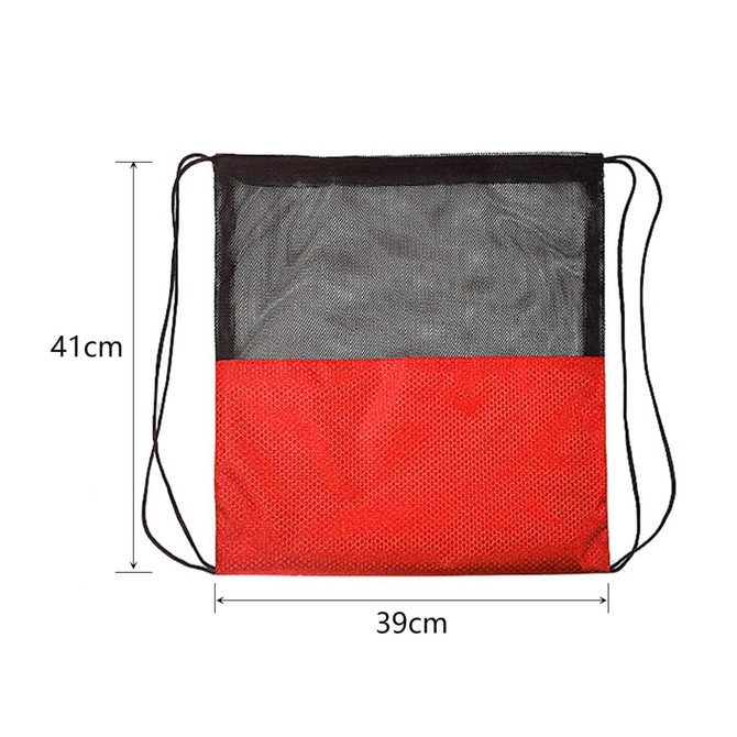 A red and black drawstring mesh backpack with dimensions of 41cm by 39cm and a visible logo.