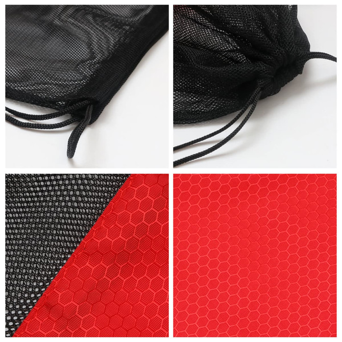 A drawstring mesh backpack in black with red hexagon-patterned sections, featuring a pull tie closure.