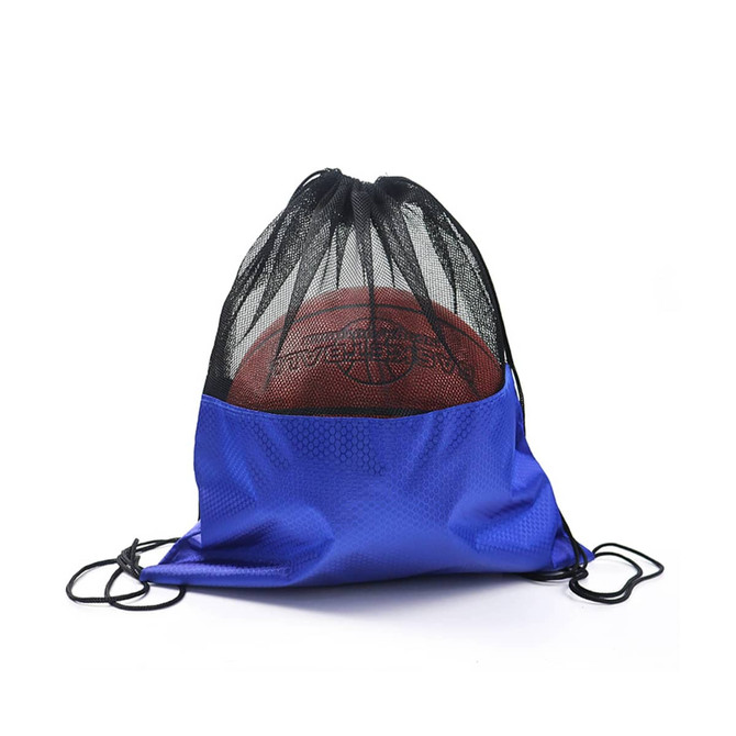 A blue drawstring mesh backpack with a black mesh top, containing a basketball inside. It features a logo.