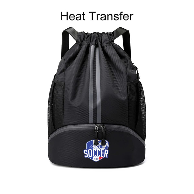 A black drawstring backpack featuring a mesh design and a separate compartment, with a logo on the lower part.