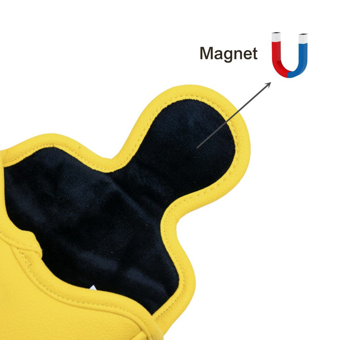 A yellow putter cover with a black interior and a magnet feature. Includes branding on the product.