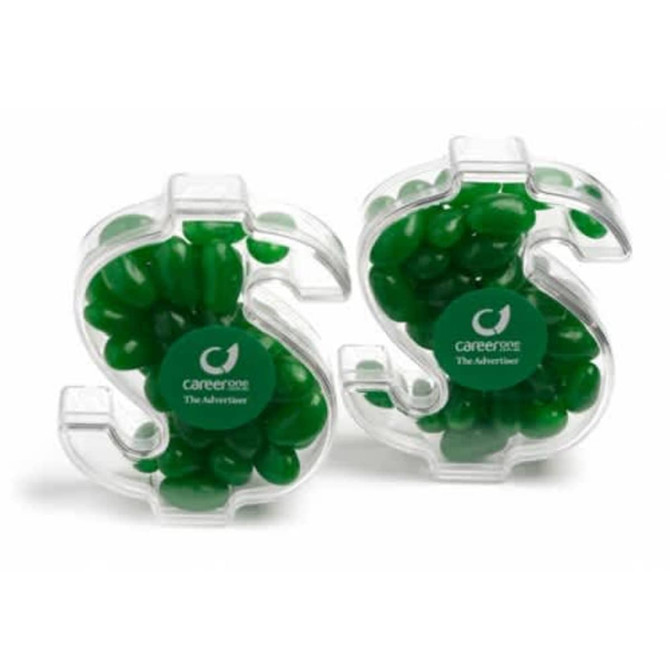 Two clear acrylic dollar symbols filled with green mini jelly beans, featuring a logo on the front.