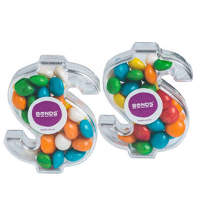 Acrylic dollar-shaped container filled with chewy fruit candies in various colours, featuring a logo on the front.