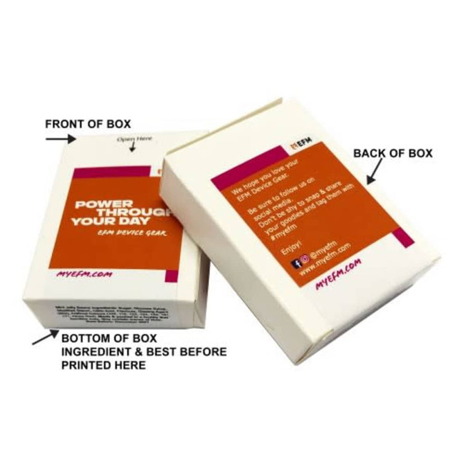 A cardboard box with a flip lid, containing 25g of mints. The box features orange and white colours and has branding.