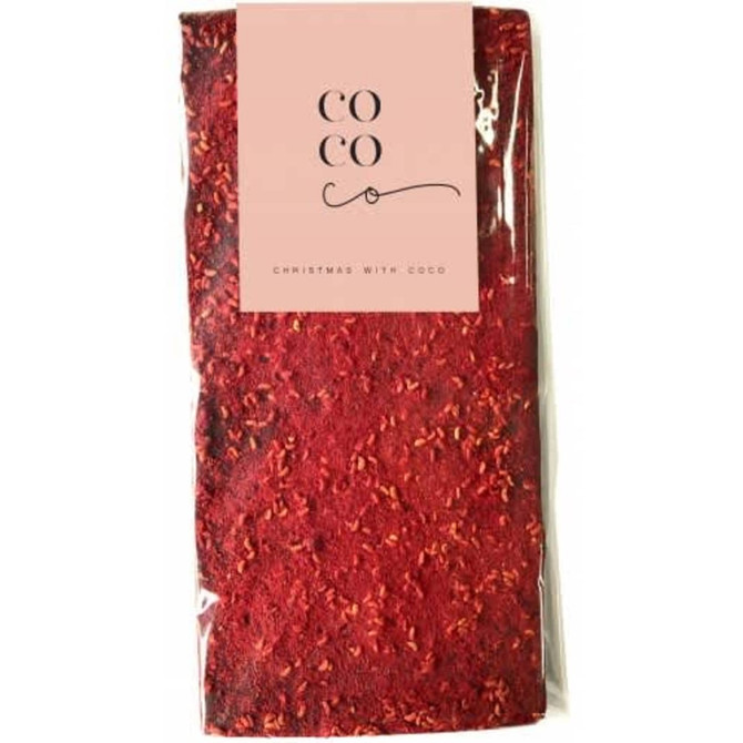 A package of premium dried freeze raspberries with a vibrant red colour, featuring a simple logo on the front.